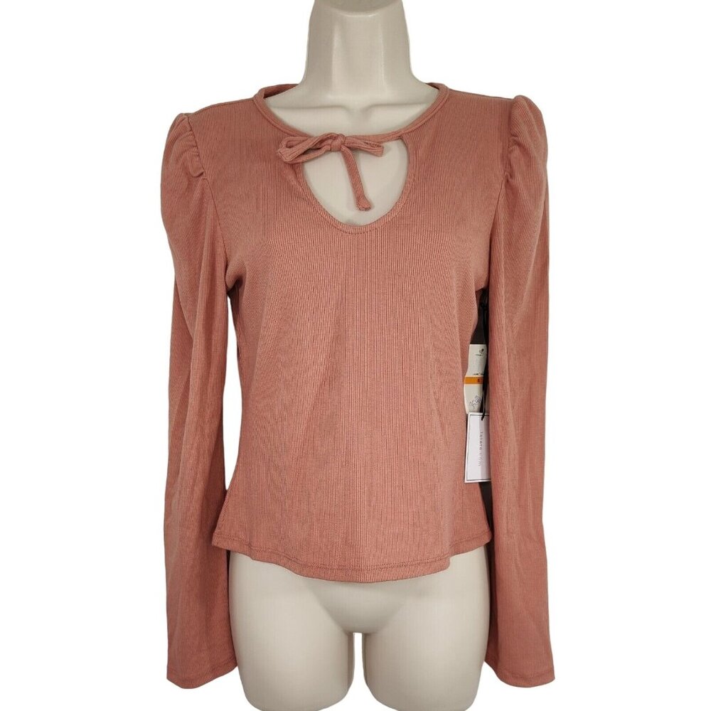 1. State Ribbed Tie Neckline Knit Top Women Size S Pink Long Sleeve NEW